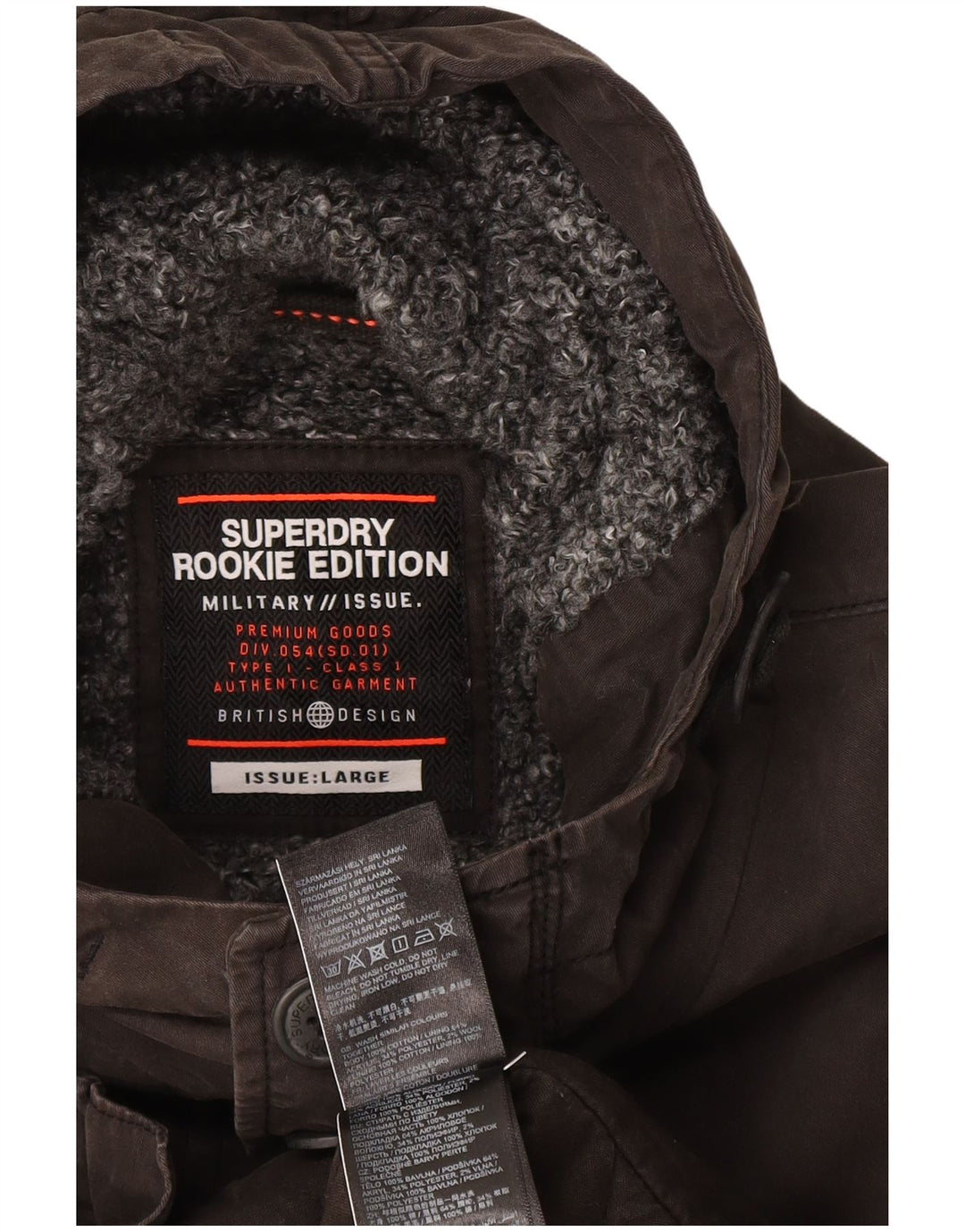 Giacca parka militare con cappuccio da uomo Superdry UK 40 grande cotone grigio