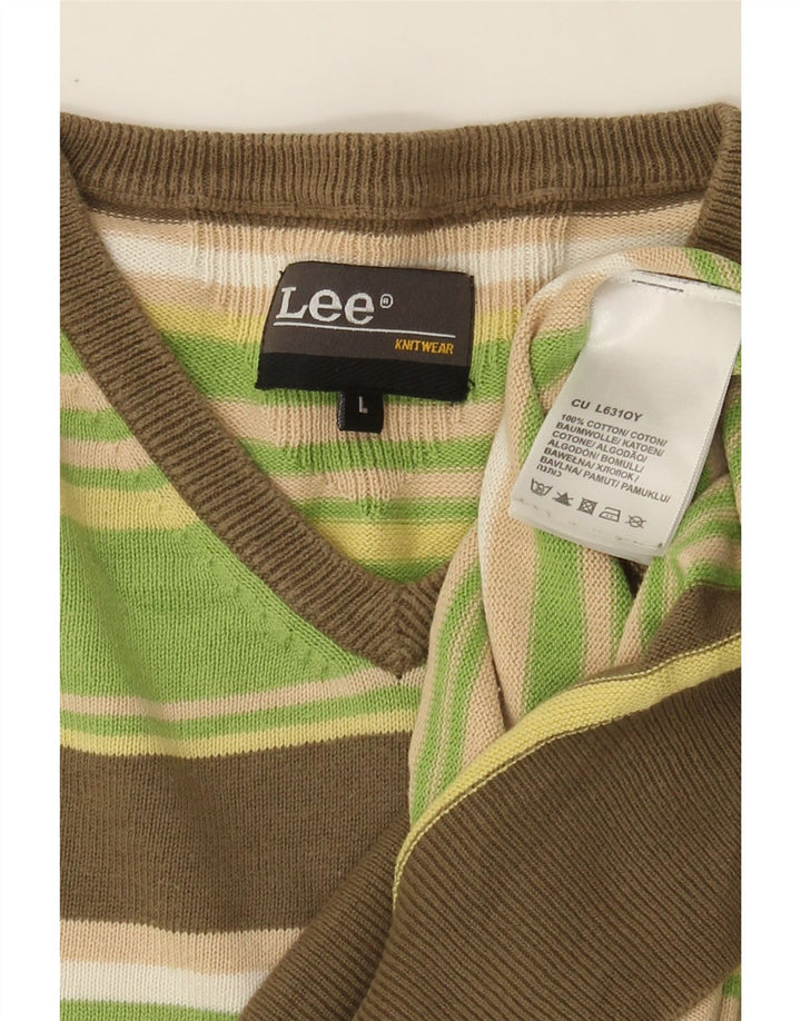 LEE Mens V-Neck Jumper Sweater Large Green Striped Cotton Vintage Lee and Second-Hand Lee from Messina Hembry 