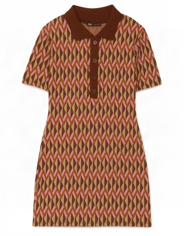 Abito polo da donna Zara UK 8 piccolo in viscosa geometrica marrone