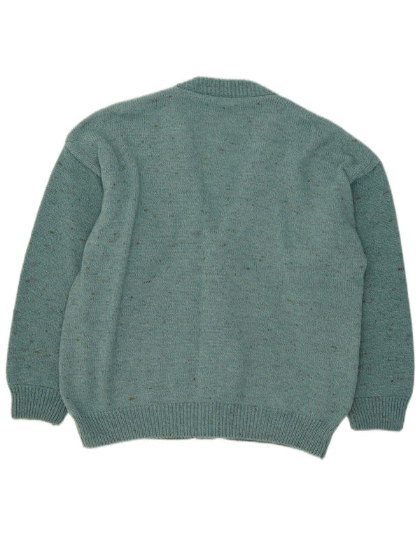 Maglione cardigan da donna vintage UK 16 grande lana geometrica turchese