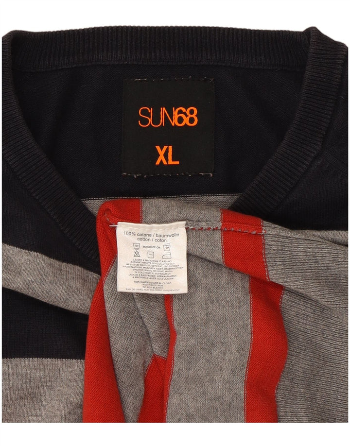 SUN68 Mens Crew Neck Jumper Sweater XL Red Striped Cotton