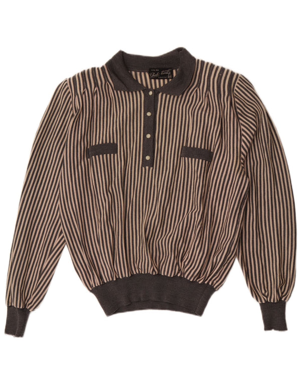 Maglione vintage da donna con collo a polo UK 16 Lana a righe grigie grandi