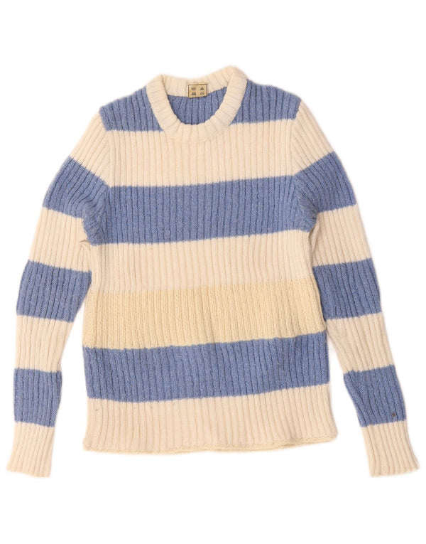 Maglione maglione girocollo da donna vintage UK 12 medio a righe bianco sporco