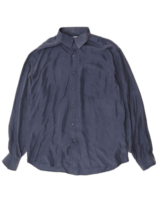 Camicia vintage da uomo grande in seta blu navy
