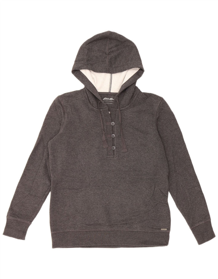 EDDIE BAUER Maglione con cappuccio da donna con collo abbottonato UK 14 Cotone grigio medio