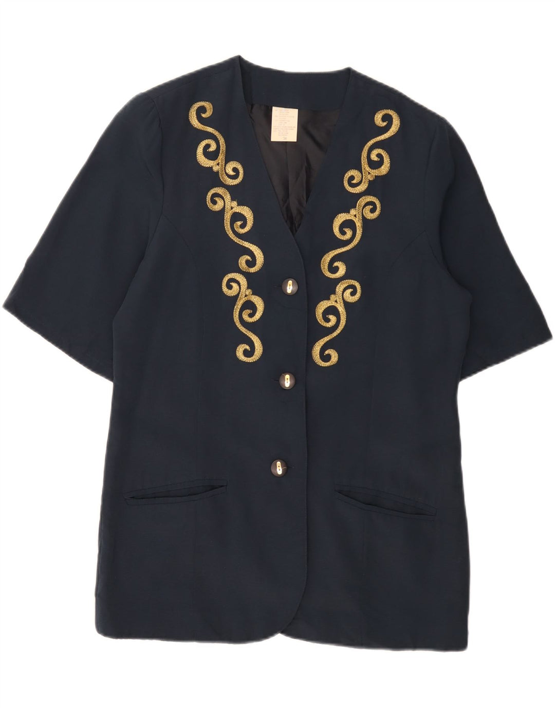 Giacca blazer a 3 bottoni manica corta da donna VINTAGE EU 38 medio blu navy