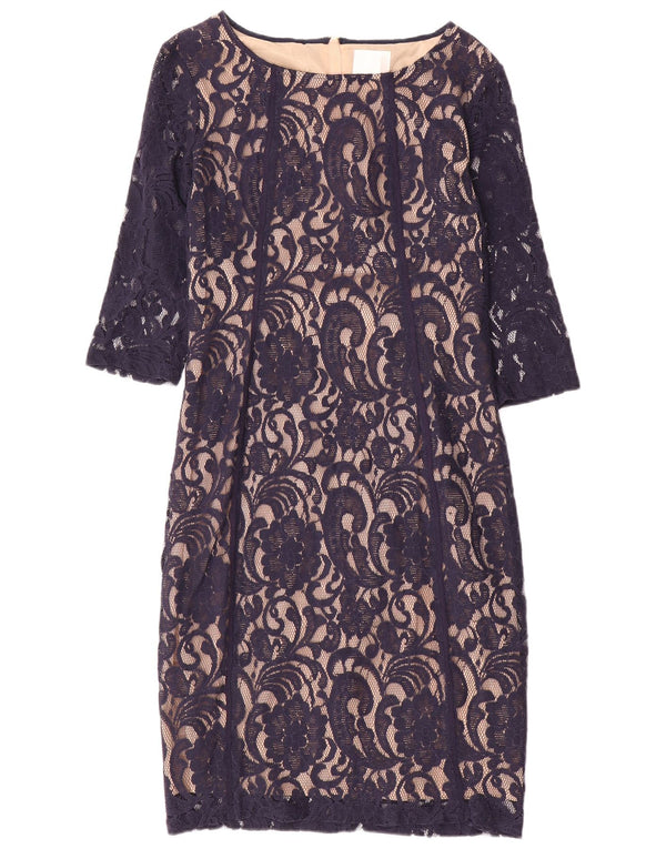 Abito tubino in pizzo vintage da donna con maniche a 3/4 UK 14 Grande motivo cachemire blu navy