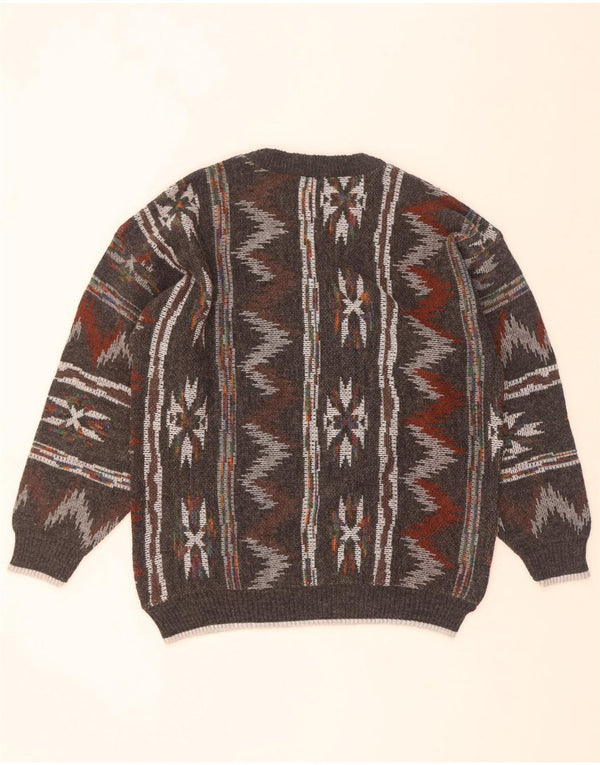 Maglione maglione girocollo da uomo vintage grigio medio geometrico