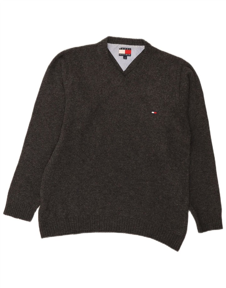 Maglione da uomo con scollo a V Tommy Hilfiger piccolo in lana d'agnello grigia