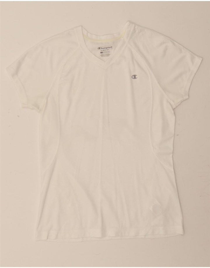 CHAMPION Womens T-Shirt Top UK 12 Medium White Polyester Vintage Champion and Second-Hand Champion from Messina Hembry 