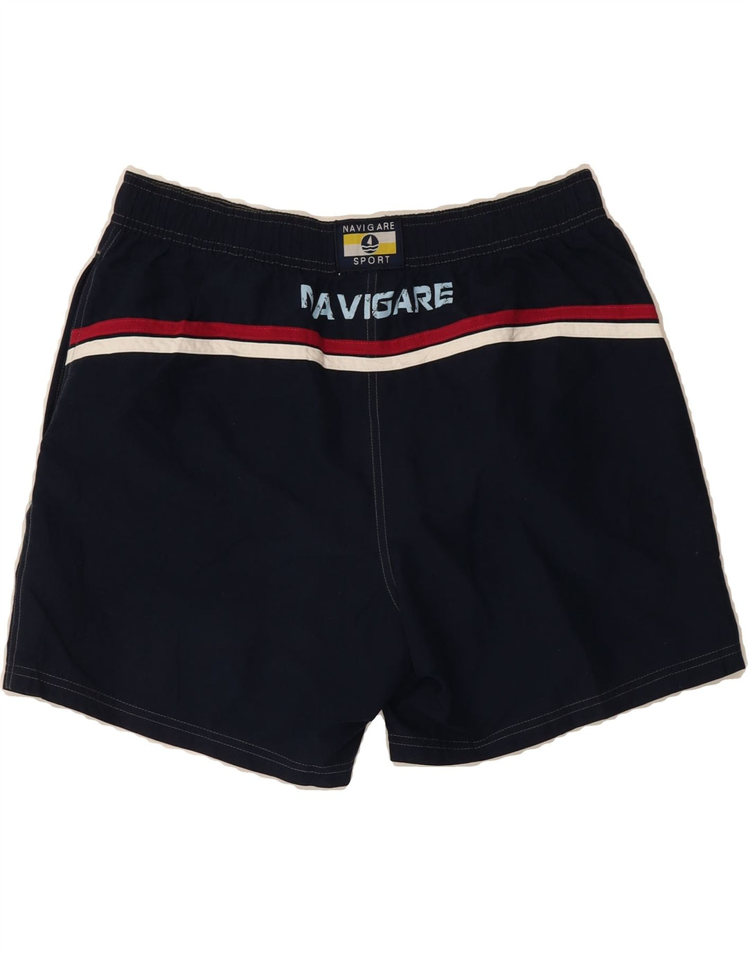 NAVIGARE Mens Graphic Swimming Shorts Large  Navy Blue Striped Polyester Vintage Navigare and Second-Hand Navigare from Messina Hembry 