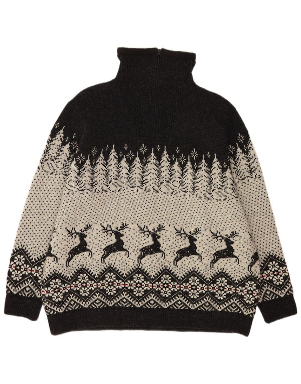 Maglione vintage da uomo con zip e collo 2XL in lana Fair Isle nera