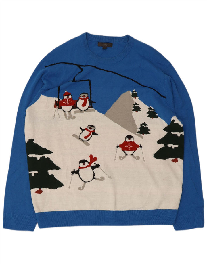 Maglione maglione girocollo con grafica da uomo Marks & Spencer 2XL blu a blocchi di colore