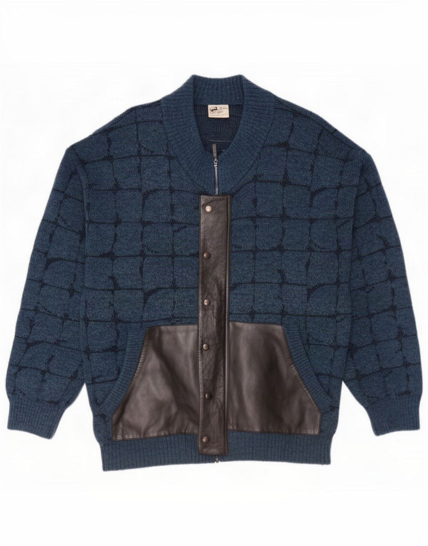 Maglione cardigan vintage da uomo IT 56 XL lana a quadri blu