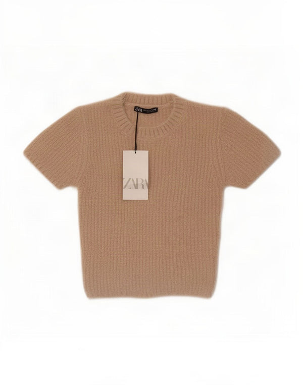 Maglione corto girocollo a maniche corte da donna Zara UK 8 piccolo Beige