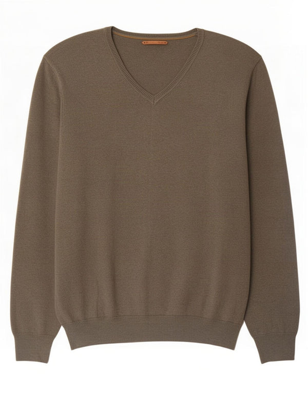 Massimo Dutti Maglione da uomo con scollo a V grande color kaki