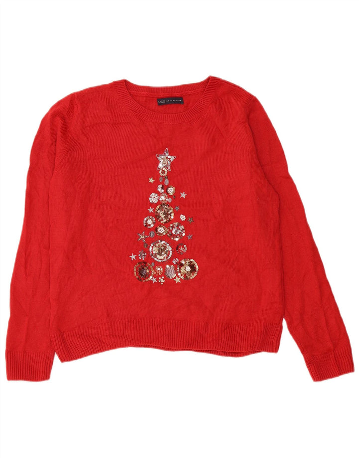 Maglione maglione girocollo con grafica da donna Marks & Spencer UK 14 rosso medio