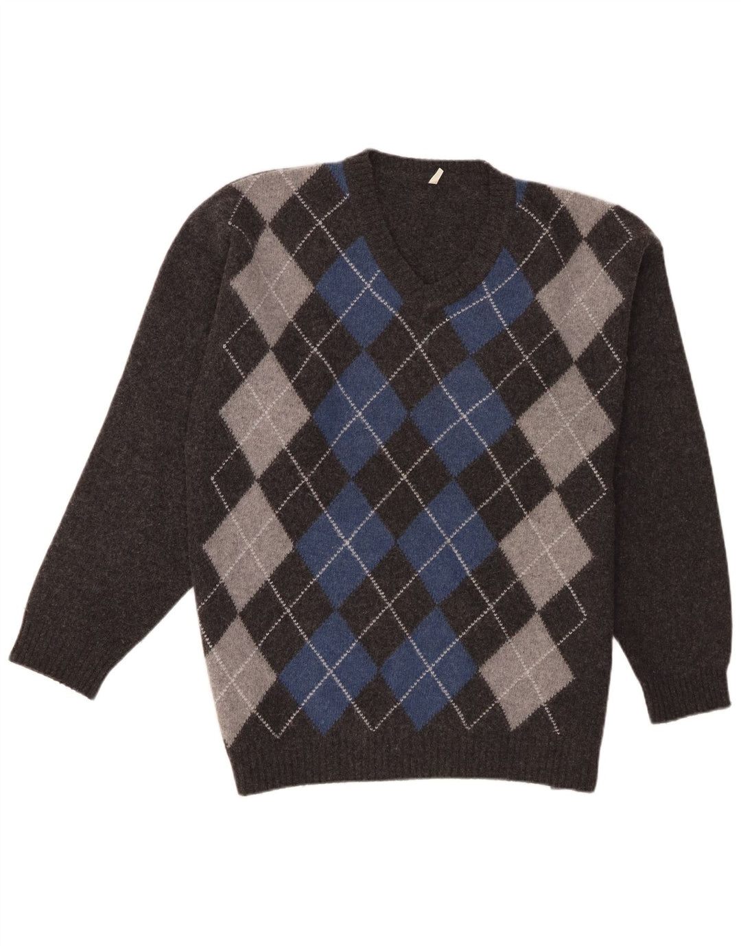 Maglione vintage da uomo con scollo a V XL Grigio Argyle/Diamond Lambswool