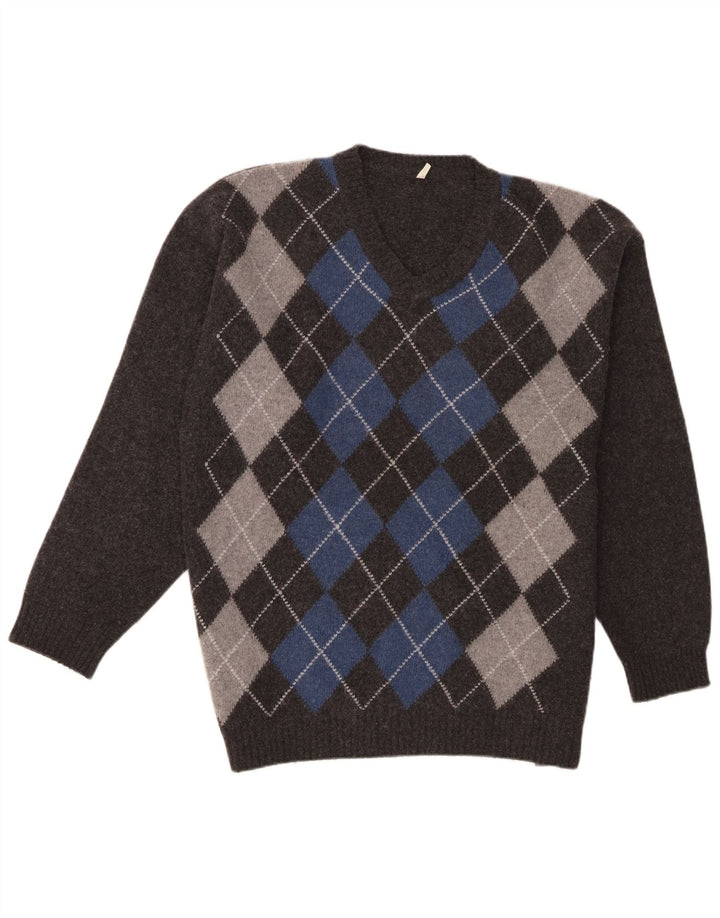 Maglione vintage da uomo con scollo a V XL Grigio Argyle/Diamond Lambswool