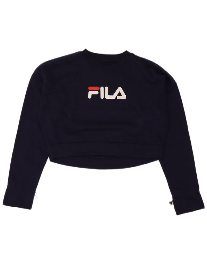 Fila da donna Crop Graphic Top manica lunga UK 14 Medium Navy Blue Colourblock