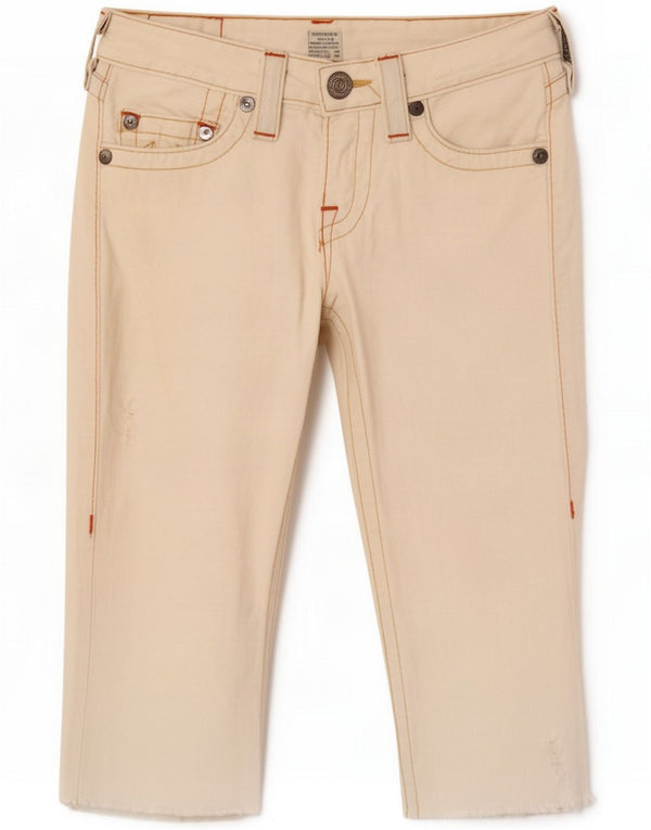 Pantaloncini di jeans Bermuda grafici da donna True Religion piccoli W27 bianco sporco