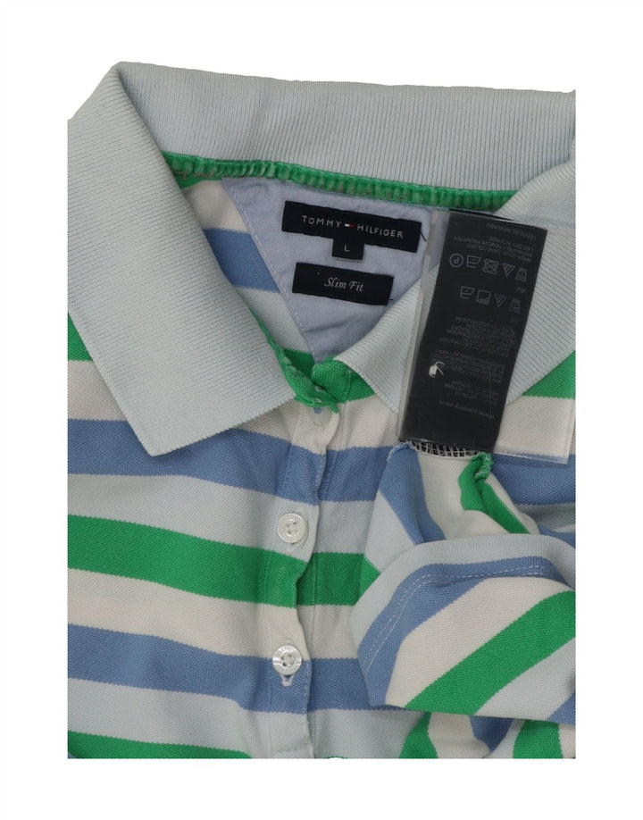 TOMMY HILFIGER Womens Polo Shirt UK 14 Large Multicoloured Striped Vintage Tommy Hilfiger and Second-Hand Tommy Hilfiger from Messina Hembry 