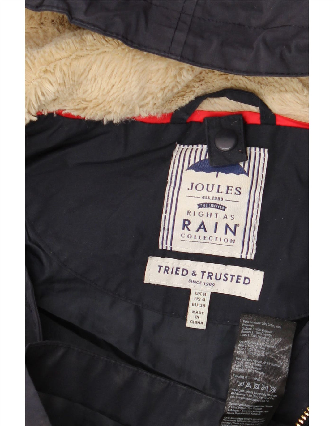 Giacca antipioggia oversize con cappuccio da donna Joules UK 8 piccola in cotone blu navy