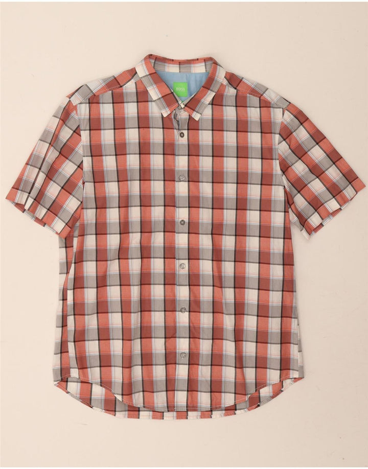 Hugo Boss Camicia da uomo a maniche corte dal taglio moderno, in cotone a quadri rossi grandi