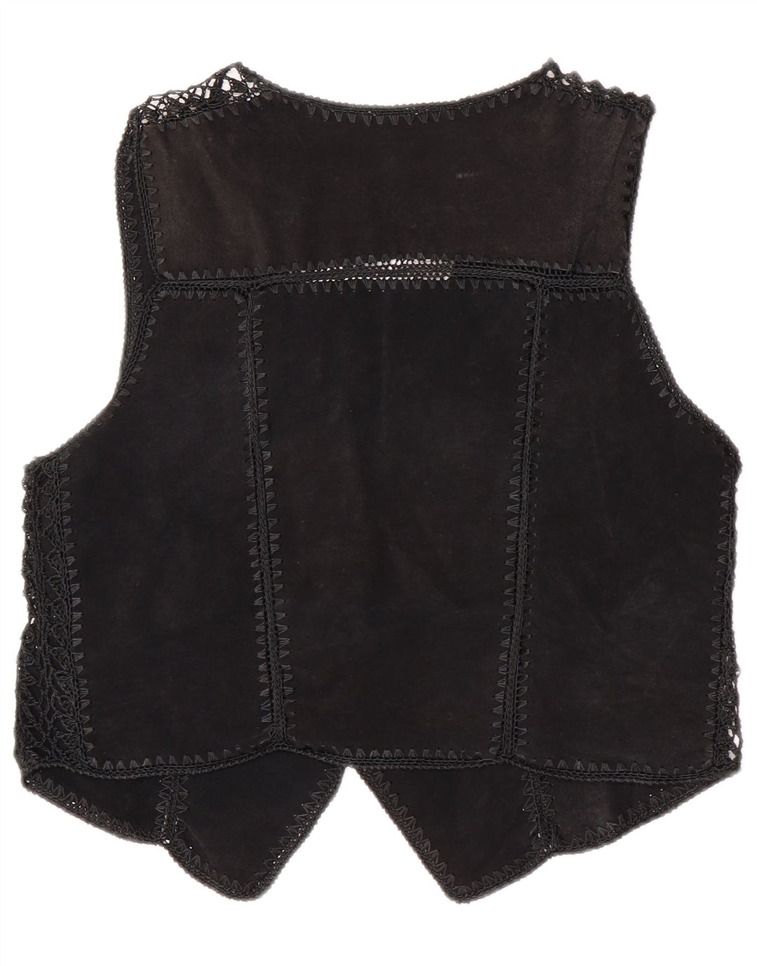 Gilet vintage da donna in pelle scamosciata corta UK 14 Patchwork medio nero