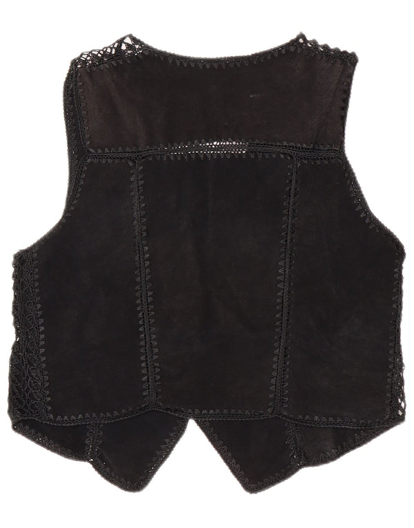 Gilet vintage da donna in pelle scamosciata corta UK 14 Patchwork medio nero