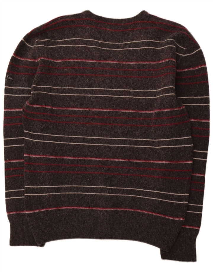 CALVIN KLEIN Mens V-Neck Jumper Sweater XL Grey Striped Lambswool