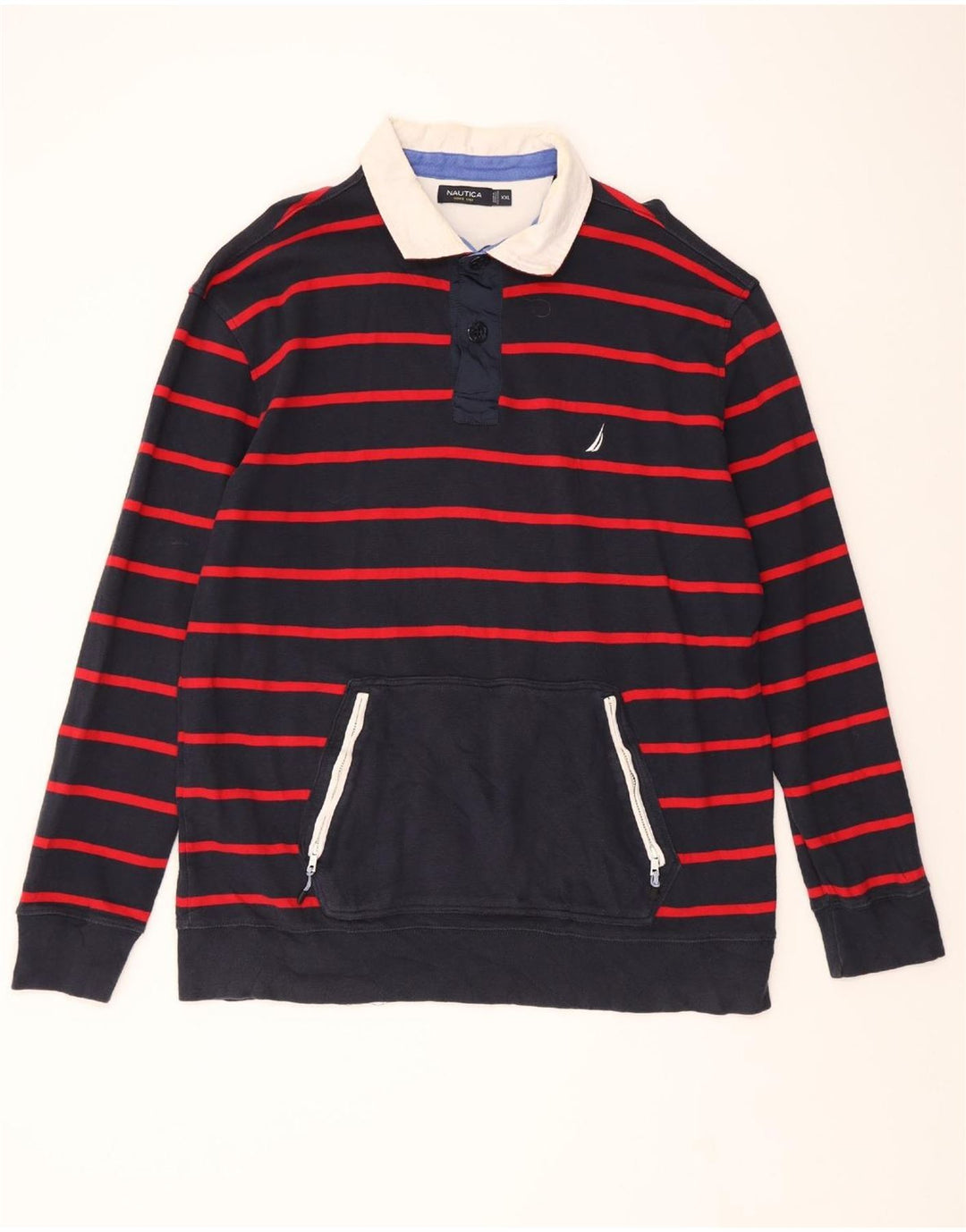 NAUTICA Mens Polo Neck Sweatshirt Jumper 2XL Navy Blue Striped Cotton Vintage Nautica and Second-Hand Nautica from Messina Hembry 