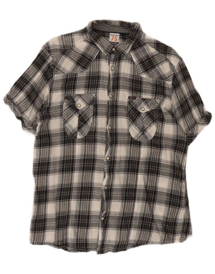 Jack & Jones Camicia da uomo in flanella a maniche corte, cotone a quadri grigi grandi
