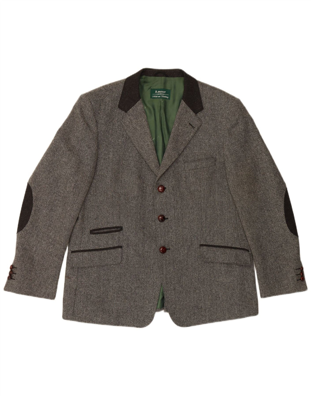 Giacca blazer da uomo a 3 bottoni H.MOSER EU 54 2XL lana a spina di pesce grigia