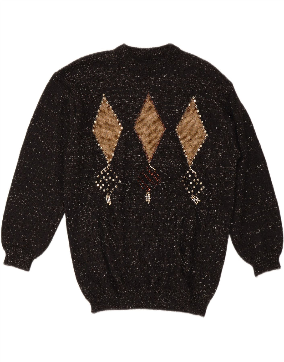 Maglione maglione girocollo da donna VINTAGE UK 14 medio nero a rombi/diamante