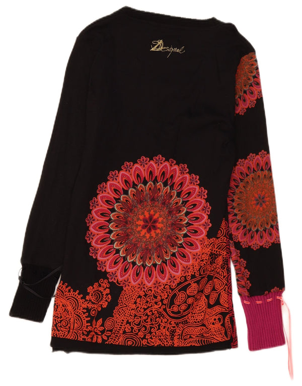 Desigual Donna Graphic Top Manica Lunga UK 14 Grande Nero Paisley Cotone