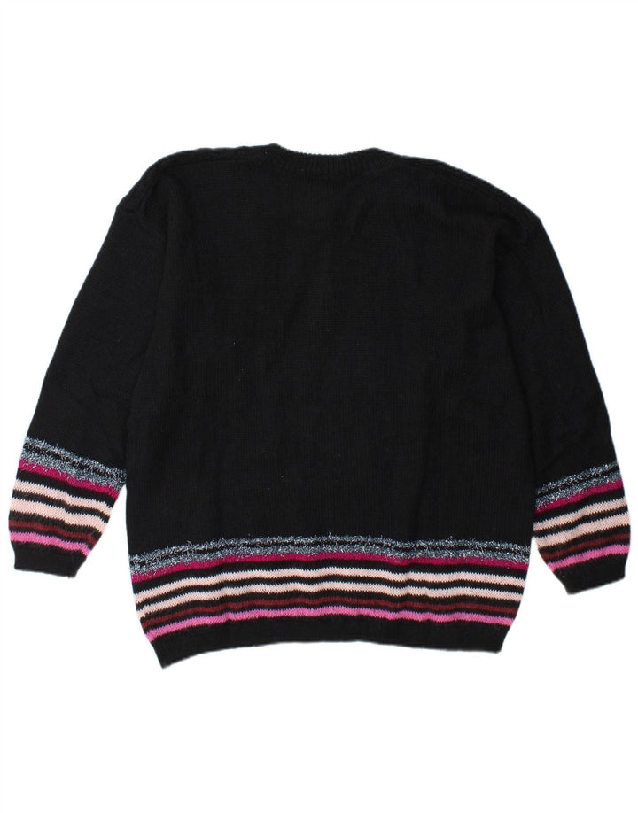 Maglione vintage da donna con collo con bottoni grafici e maglione UK 14 a righe nere grandi