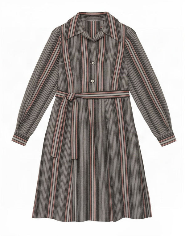 Vintage Womens Long Sleeve Maxi Dress UK 12 Medium Grey Striped