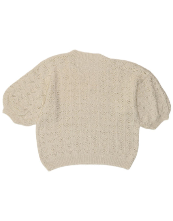 Maglione vintage da donna con scollo a V e maniche a 3/4 UK 14 bianco medio