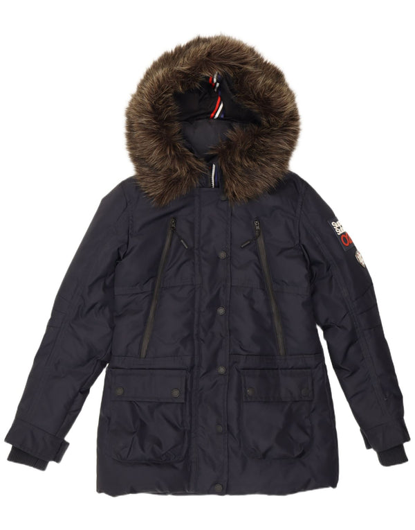 Giacca imbottita con cappuccio grafica da donna Superdry UK 12 nylon medio blu navy