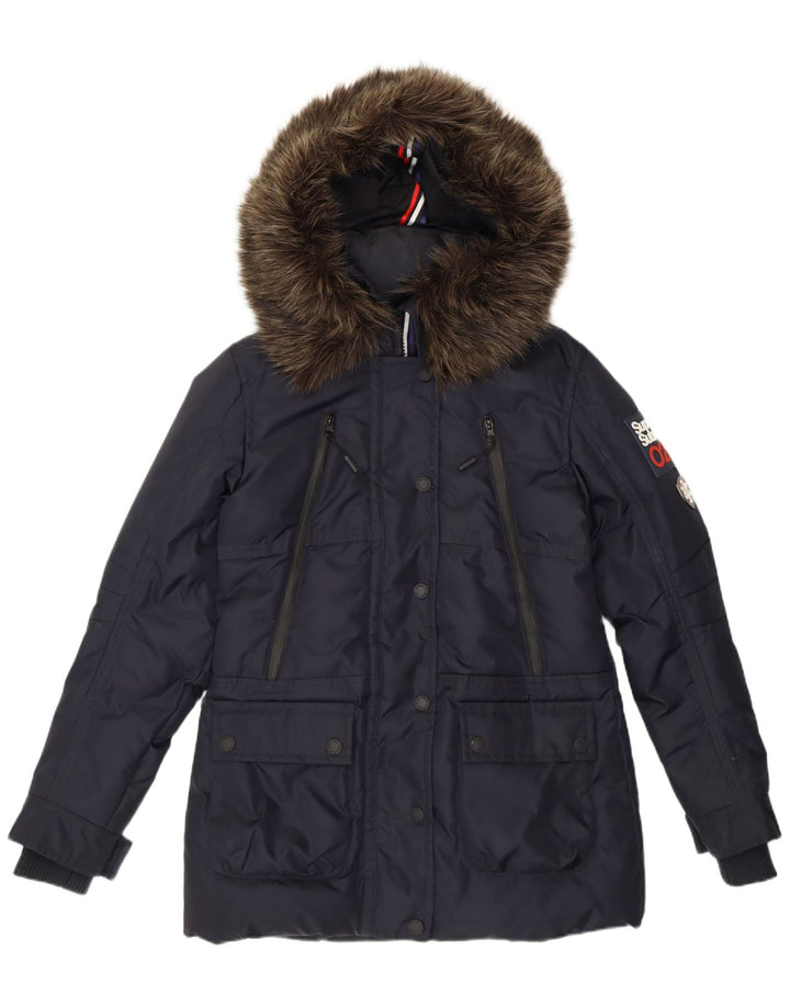 Giacca imbottita con cappuccio grafica da donna Superdry UK 12 nylon medio blu navy
