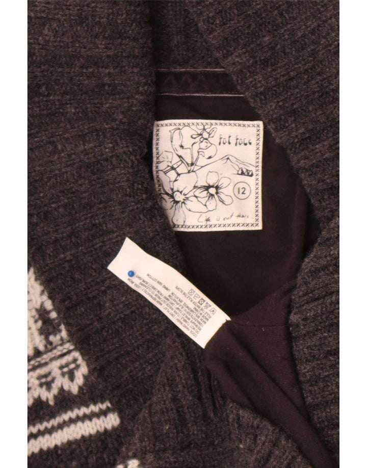 Maglione cardigan da donna Fat Face UK 12 Lana d'agnello Fair Isle grigio medio