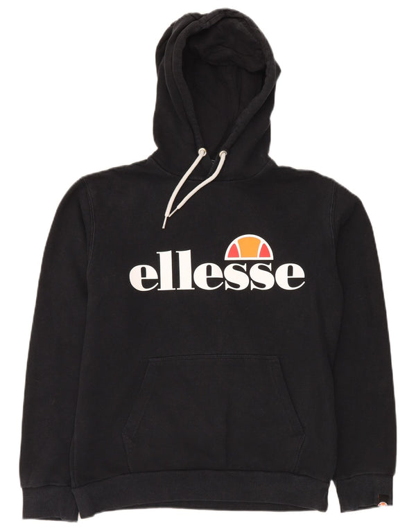 ELLESSE Maglione con cappuccio grafico oversize da donna UK 8 piccolo cotone nero