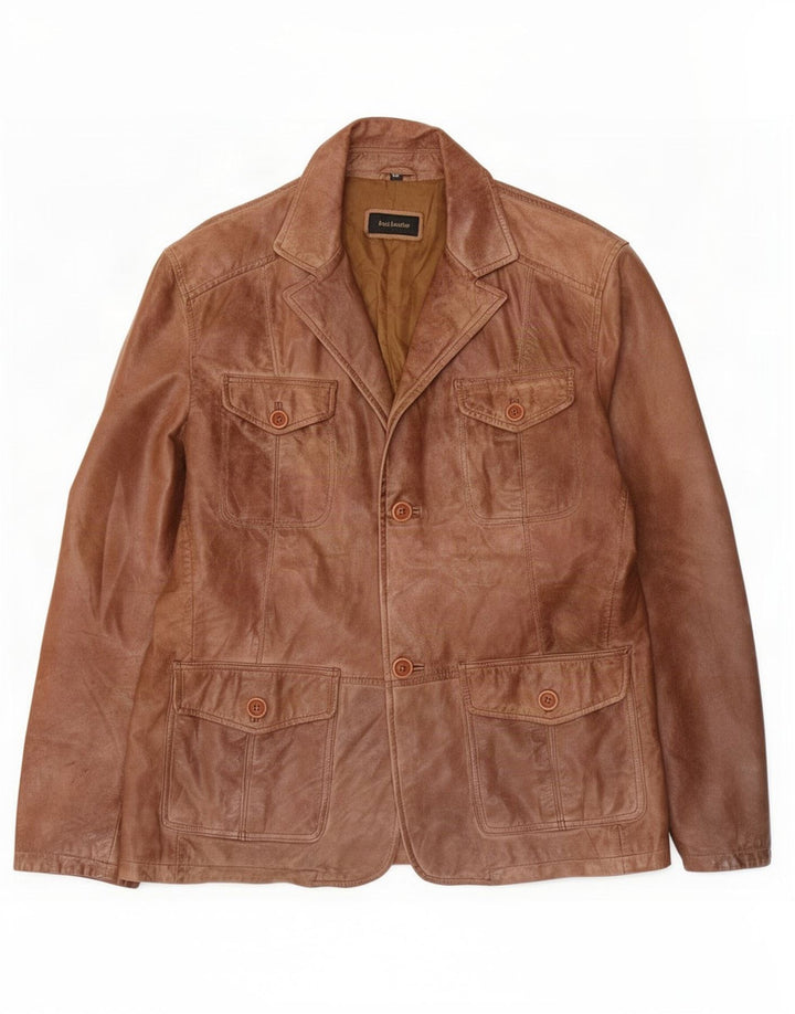 Giacca blazer in pelle vintage da uomo a 2 bottoni UK 40 grande marrone