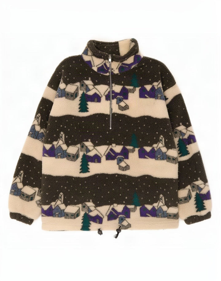Maglione in pile da uomo vintage con motivo astratto, collo con zip, piccolo, multicolore