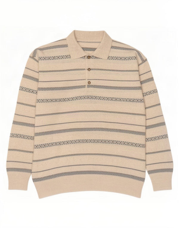 Vintage Mens Polo Neck Jumper Sweater Medium White Striped