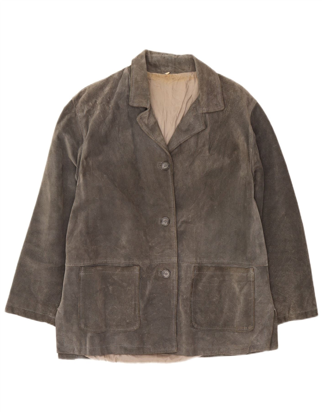 Giacca blazer vintage da donna in pelle scamosciata a 3 bottoni UK 16 grande grigia