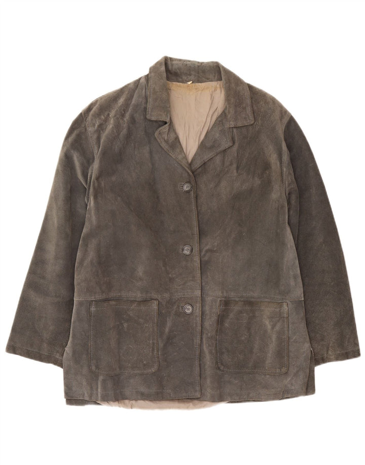Giacca blazer vintage da donna in pelle scamosciata a 3 bottoni UK 16 grande grigia