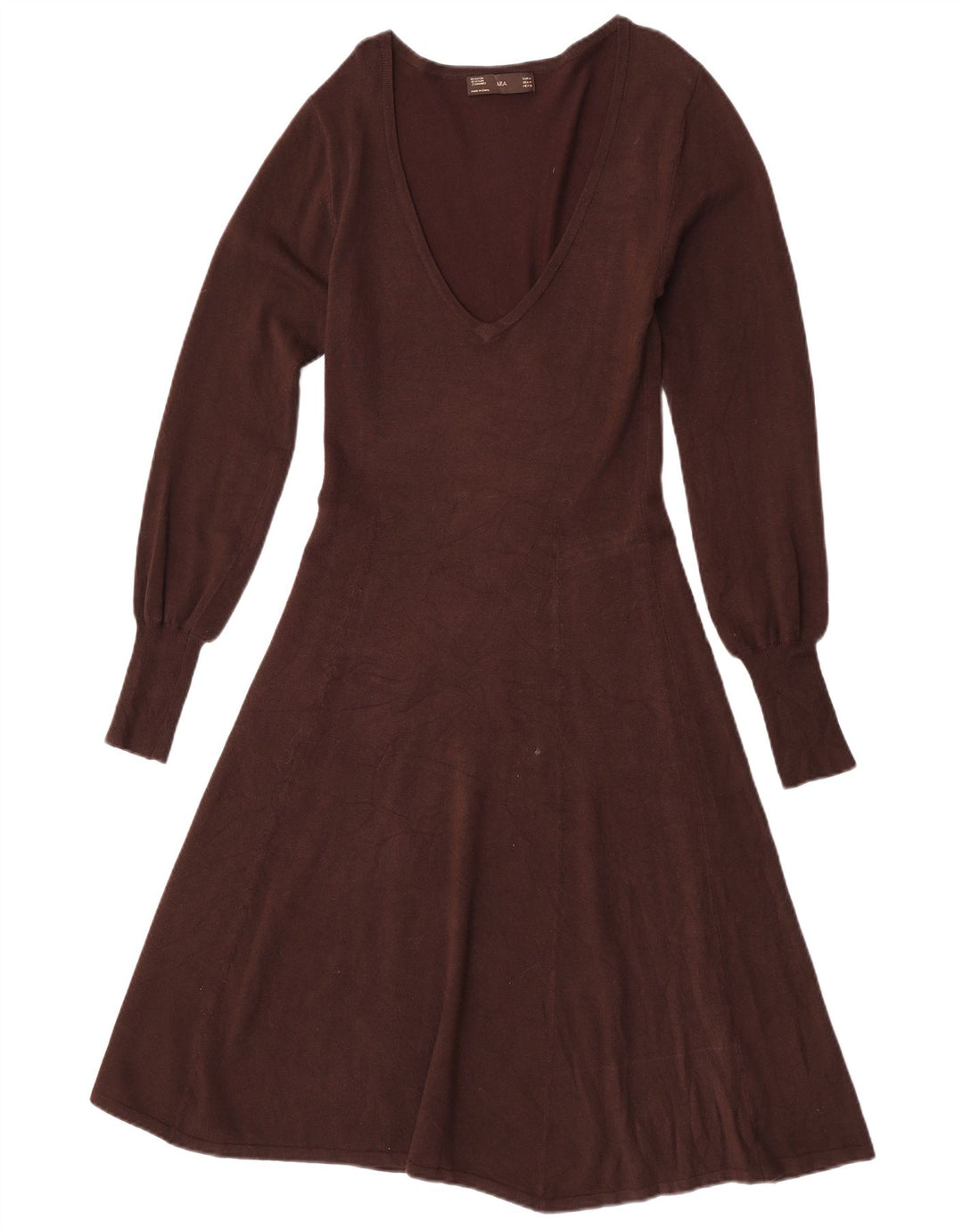 Abito a trapezio a maniche lunghe da donna Zara UK 12 Rayon marrone medio