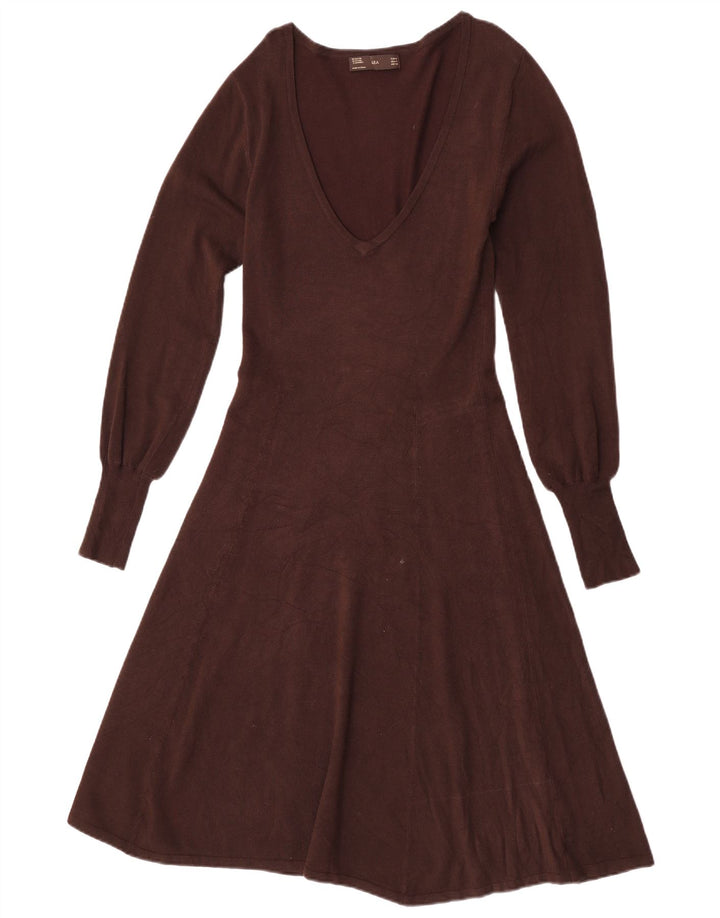 Abito a trapezio a maniche lunghe da donna Zara UK 12 Rayon marrone medio
